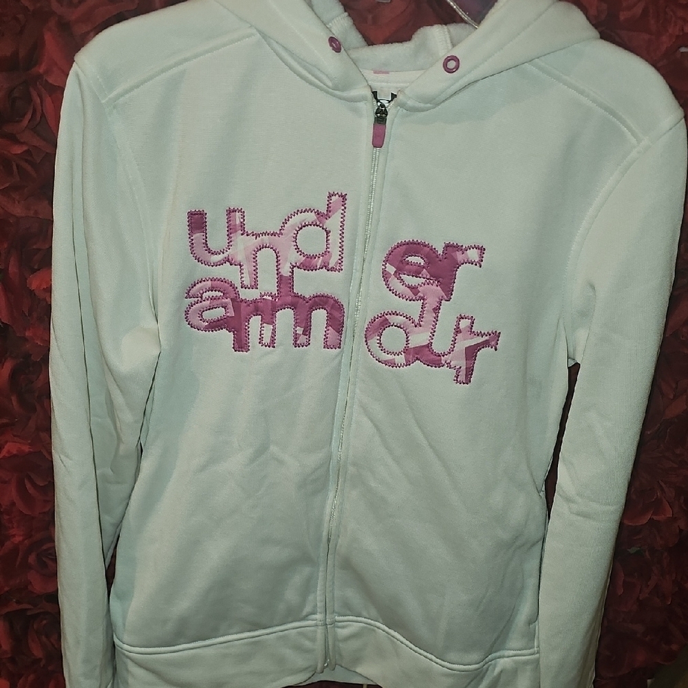 Under Armour Girls White and Pink Fleece Lined 100% Polyester Hoodie Size Xlarge